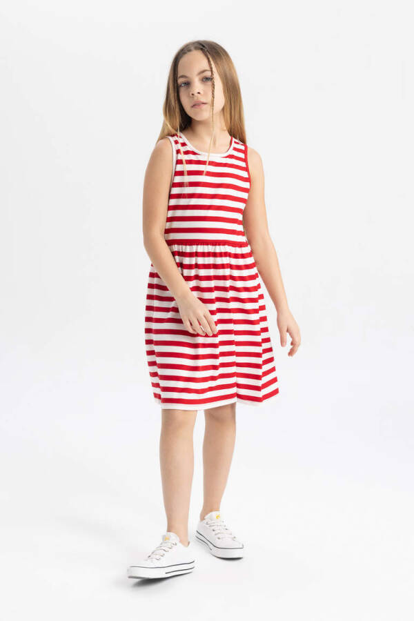 Girls' Sleeveless Striped Dress Red - 3