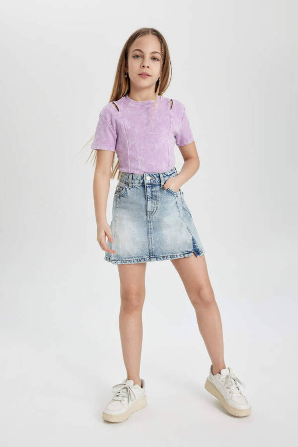 Girls Slim Fit Ribbed Knit Short Sleeve T-Shirt Lilac - 2