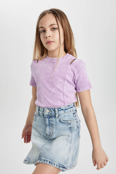 Girls Slim Fit Ribbed Knit Short Sleeve T-Shirt Lilac - 3