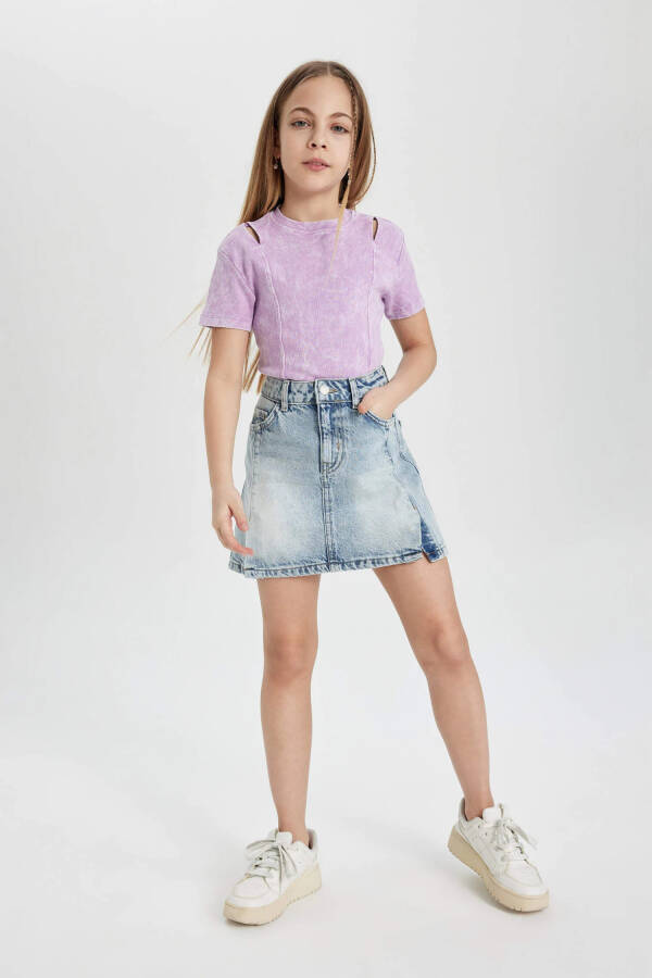 Girls Slim Fit Ribbed Knit Short Sleeve T-Shirt Lilac - 8