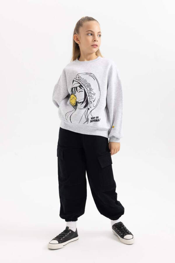 Girls SmileyWorld Oversized Relaxed Fit Crew Neck Soft Plush Fleece Sweatshirt Grey Melange - 2