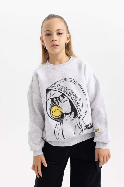 Girls SmileyWorld Oversized Relaxed Fit Crew Neck Soft Plush Fleece Sweatshirt Grey Melange - 3