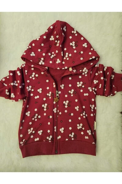 Girls' Soft Flower Patterned Zippered Hooded Fleece Jacket - LİN GRUP