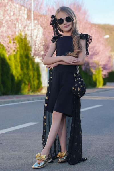 Girls Star Print Boat Neck Tulle Tail Black Shorts Jumpsuit - RICCOTARZ