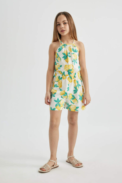 Girls' Strappy Lemon Print Cotton Short Jumpsuit Ecru - 2