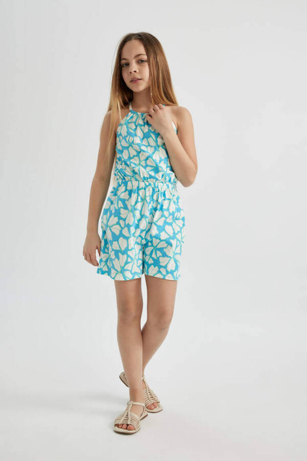 Girls' Strappy Printed Cotton Short Jumpsuit Blue - 3