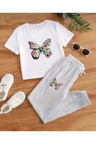 Girl's Summer Fabric Gray Tracksuit Floral Butterfly Print White T-shirt Set-White - 1