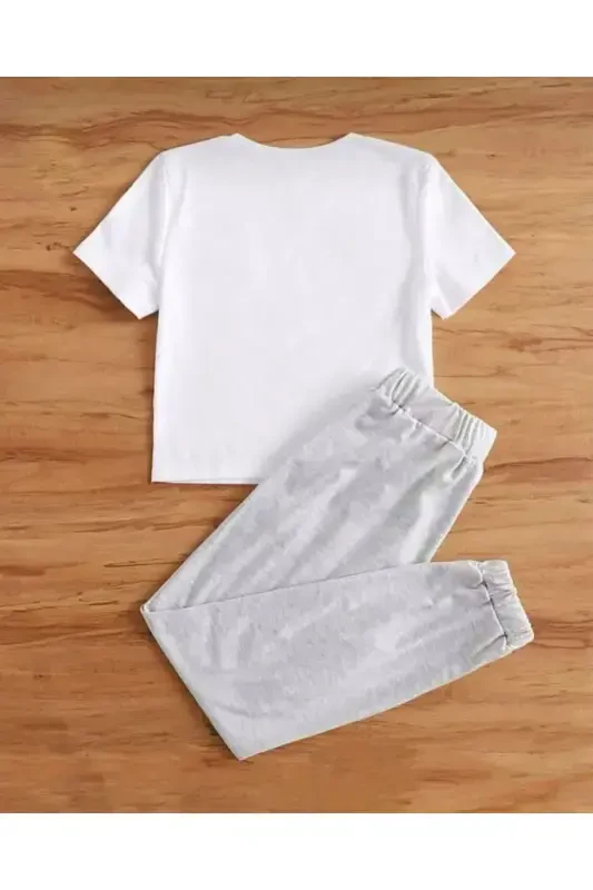 Girl's Summer Fabric Gray Tracksuit Floral Butterfly Print White T-shirt Set-White - 2