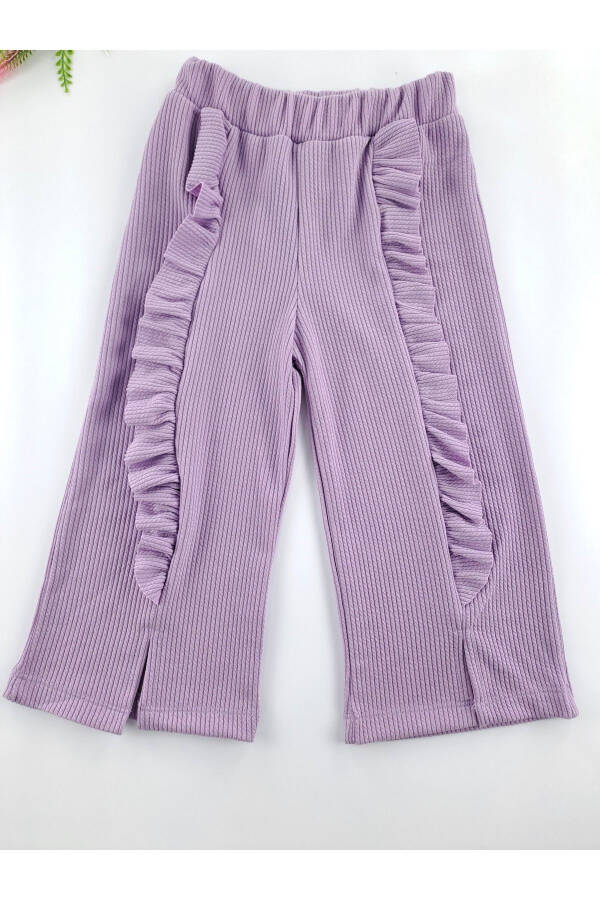 Girls' Summer Lilac Two-Piece Set Pants Ribbed Fabric T-shirt Frilled Sleeves - 3