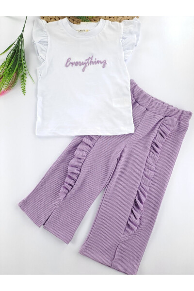 Girls' Summer Lilac Two-Piece Set Pants Ribbed Fabric T-shirt Frilled Sleeves - BUTIK