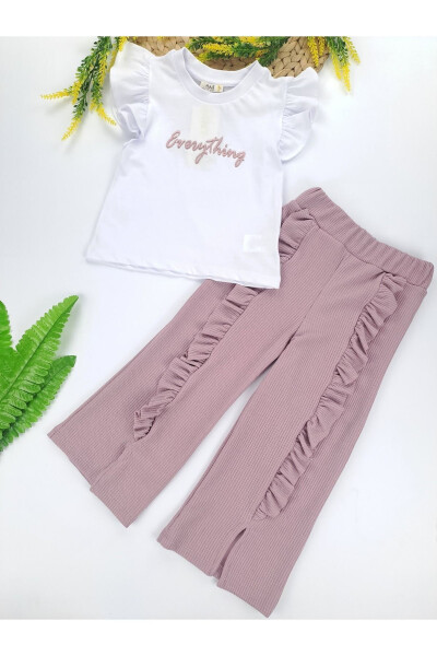 Girls' Summer Purple Two-Piece Set, Ribbed Fabric T-shirt with Ruffled Sleeves - BUTIK