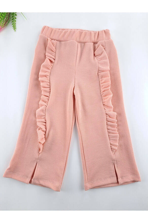 Girls' Summer Salmon Pink Two-Piece Set Pants Ribbed Fabric T-shirt Frilled Sleeves - 3