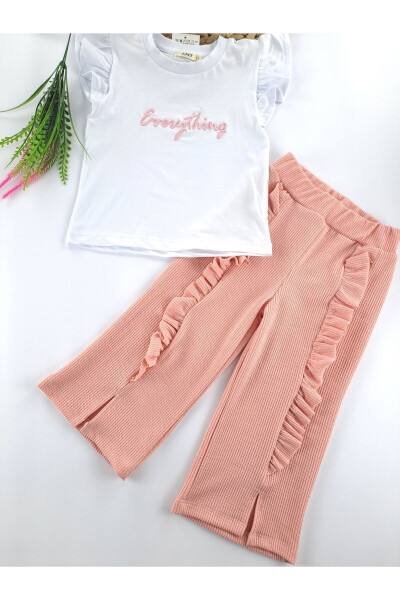 Girls' Summer Salmon Pink Two-Piece Set Pants Ribbed Fabric T-shirt Frilled Sleeves - BUTIK