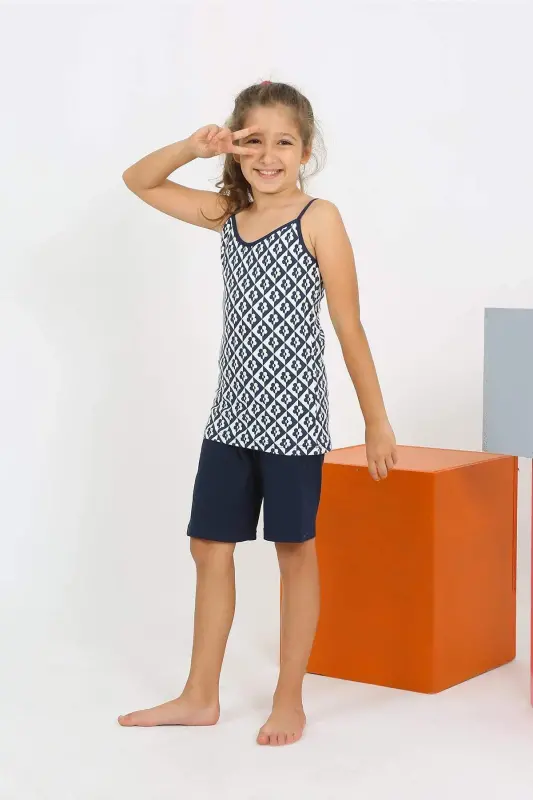 Girls' Suspender Shorts Cotton Navy Blue Pajamas Set 20430 - 2