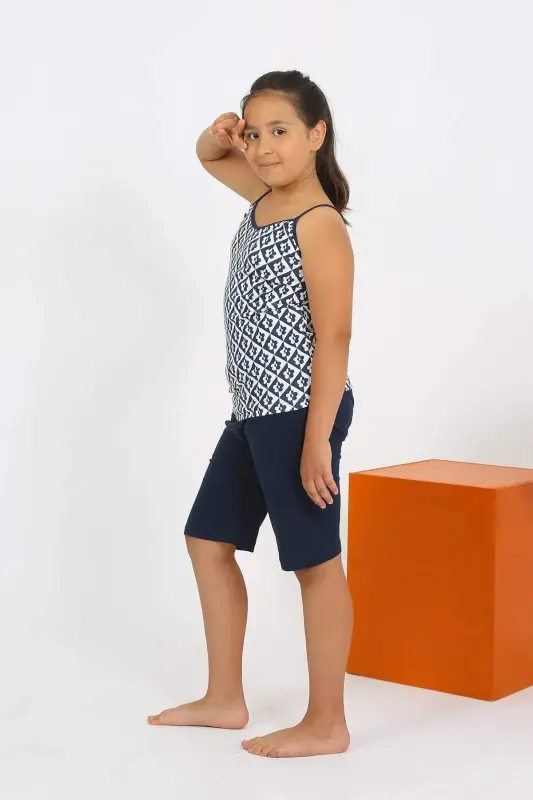 Girls' Suspender Shorts Cotton Navy Blue Pajamas Set 20430 - 3