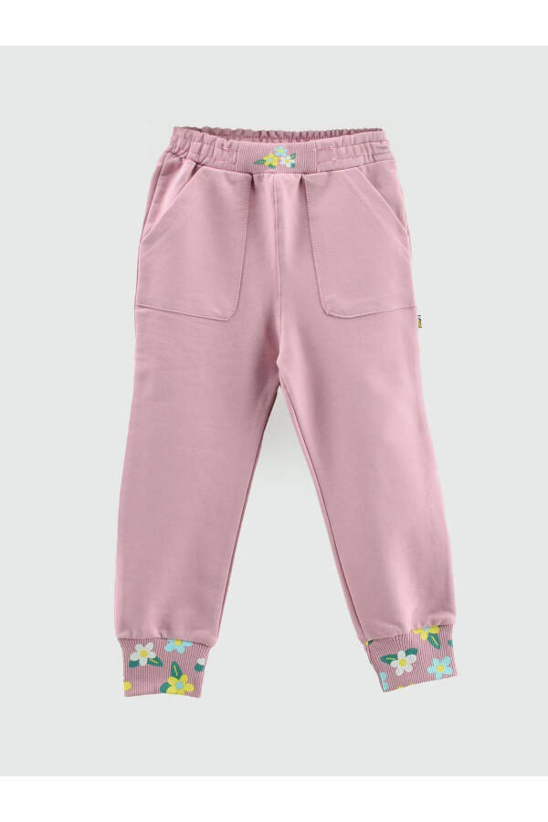 Girls' Sweatpants with Belt, Ribbed Waistband and Floral Print Pockets - 1