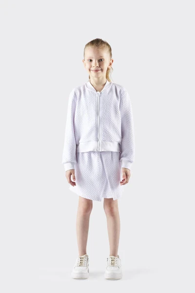 Girl's Textured Zip-Up White Sweatshirt - PANÇO