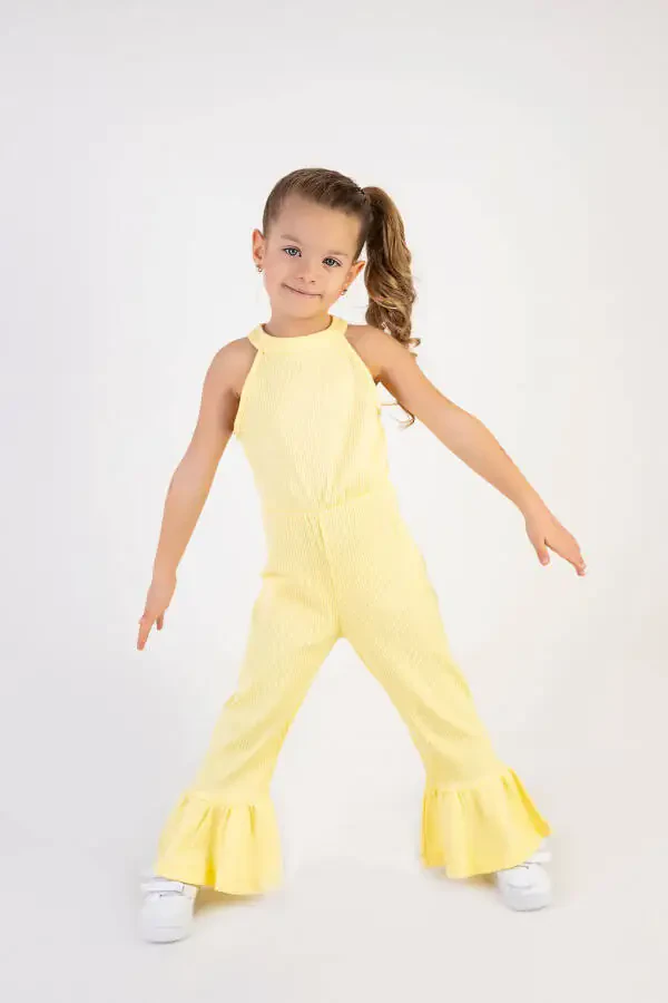 Girls' Thin Ribbed Neck and Leg Detail Basic Summer Jumpsuit 2-5 Years - 3