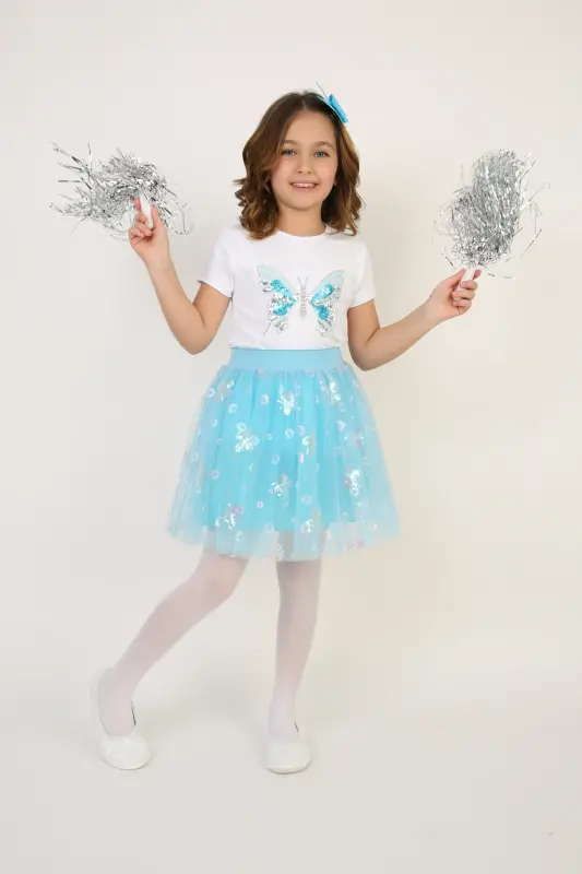 Girl's Turquoise Butterfly Detail T-shirt Turquoise Skirt Set April 23 October 29 Show Outfit-Blue Blue - 3