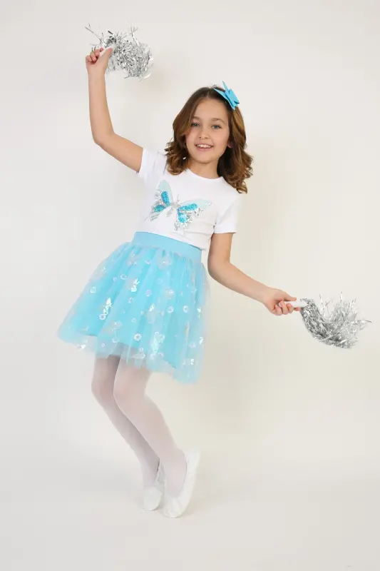 Girl's Turquoise Butterfly Detail T-shirt Turquoise Skirt Set April 23 October 29 Show Outfit-Blue Blue - 4