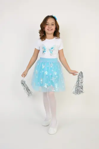 Girl's Turquoise Butterfly Detail T-shirt Turquoise Skirt Set April 23 October 29 Show Outfit-Blue Blue - 5