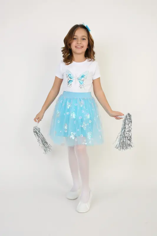 Girl's Turquoise Butterfly Detail T-shirt Turquoise Skirt Set April 23 October 29 Show Outfit-Blue Blue - 5