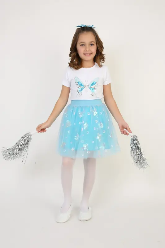 Girl's Turquoise Butterfly Detail T-shirt Turquoise Skirt Set April 23 October 29 Show Outfit-Blue Blue - 6