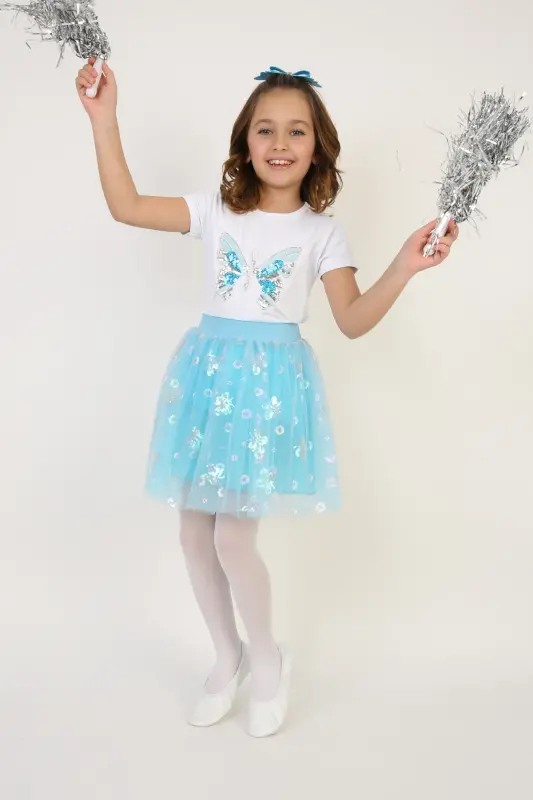 Girl's Turquoise Butterfly Detail T-shirt Turquoise Skirt Set April 23 October 29 Show Outfit-Blue Blue - 7