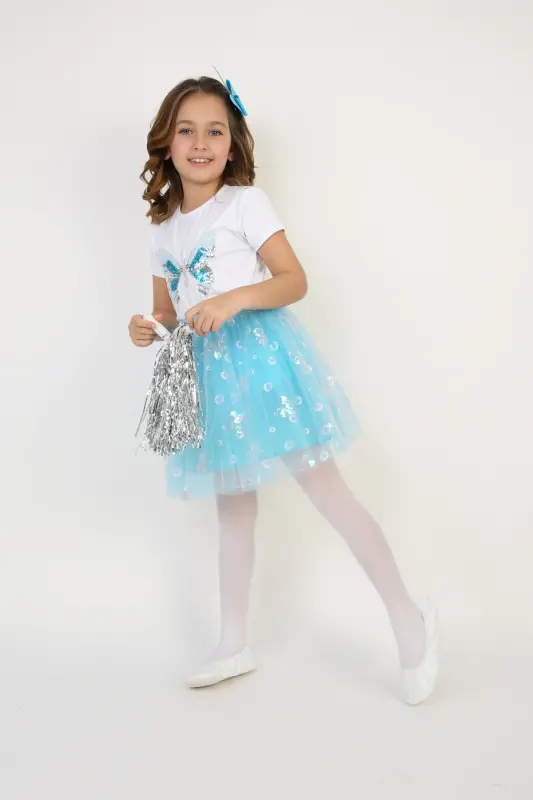 Girl's Turquoise Butterfly Detail T-shirt Turquoise Skirt Set April 23 October 29 Show Outfit-Blue Blue - 8
