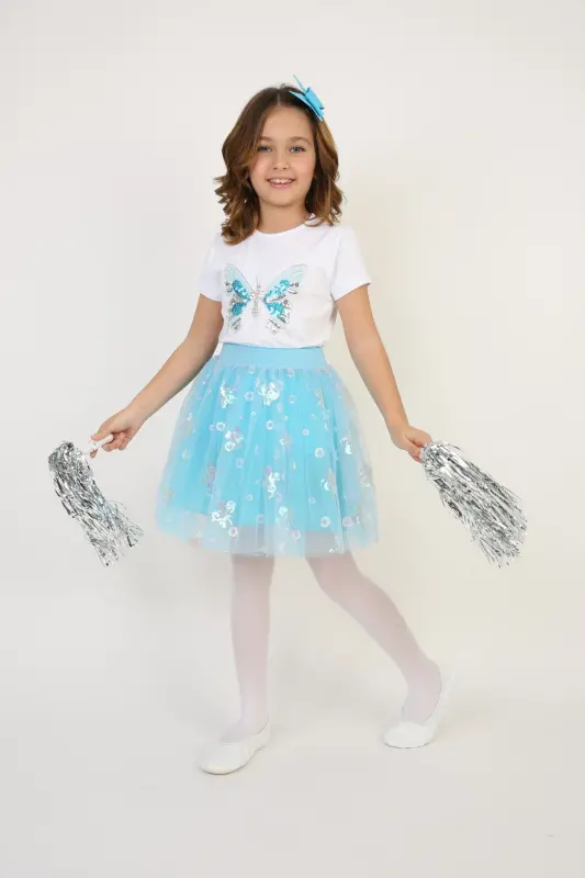 Girl's Turquoise Butterfly Detail T-shirt Turquoise Skirt Set April 23 October 29 Show Outfit-Blue Blue - GENEL MARKALAR