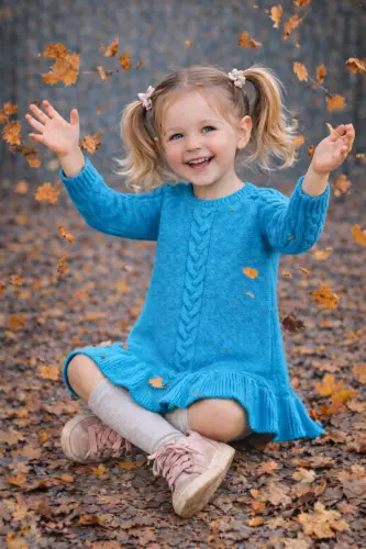 Girl's Turquoise Long Sleeve Knitted Dress-turquoise - 4