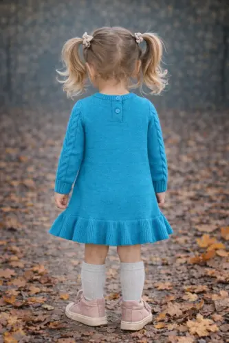 Girl's Turquoise Long Sleeve Knitted Dress-turquoise - 5