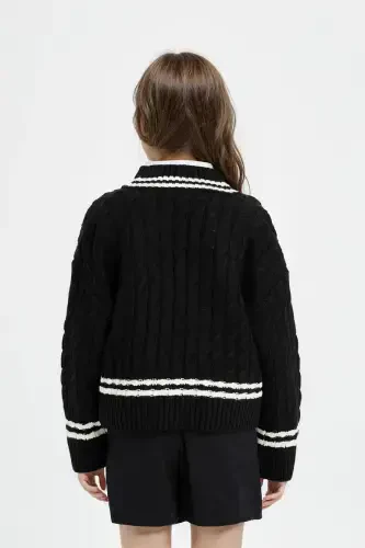 Girl's V-Neck Cable Knit Sweater Black - 4
