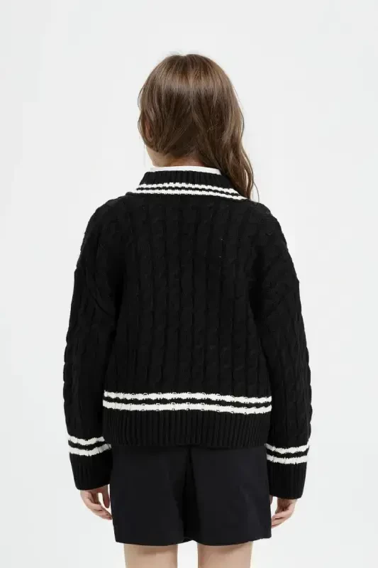 Girl's V-Neck Cable Knit Sweater Black - 4