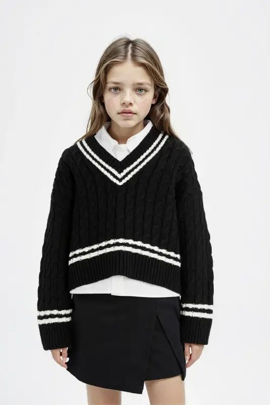 Girl's V-Neck Cable Knit Sweater Black - DEFACTO