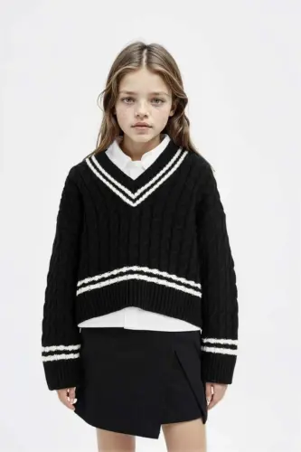 Girl's V-Neck Cable Knit Sweater Black - 1