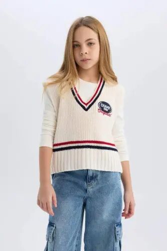 Girl's V-Neck Embroidered Sweater Ecru - 6