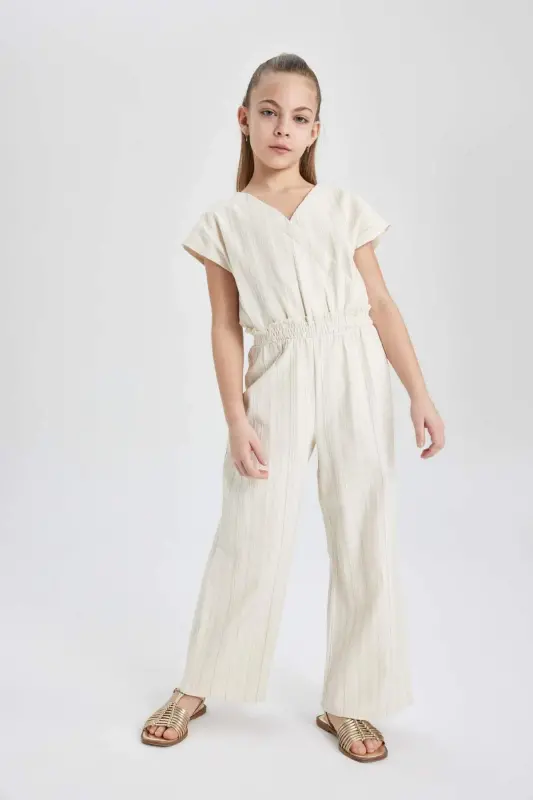 Girls V-Neck Short Sleeve Cotton Long Jumpsuit C0706A824SM - DEFACTO