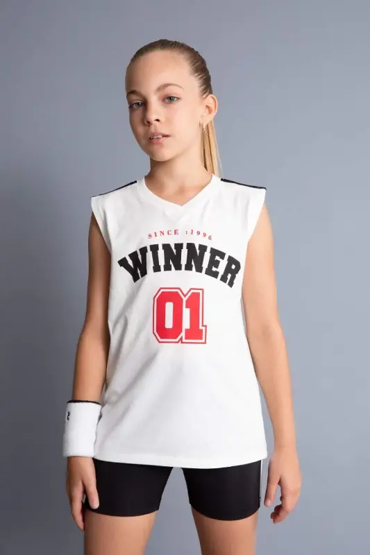 Girl's V-Neck Sports Printed Tank Top-Ecru - DEFACTO