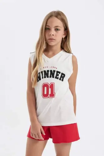 Girl's V-Neck Sports Printed Tank Top-Ecru - 4