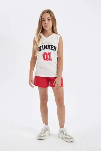 Girl's V-Neck Sports Printed Tank Top-Ecru - 5