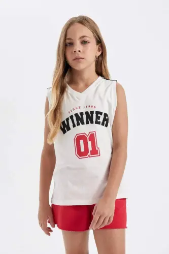 Girl's V-Neck Sports Printed Tank Top-Ecru - 6