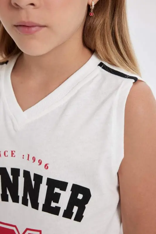 Girl's V-Neck Sports Printed Tank Top-Ecru - 7
