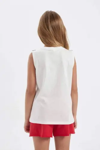 Girl's V-Neck Sports Printed Tank Top-Ecru - 8