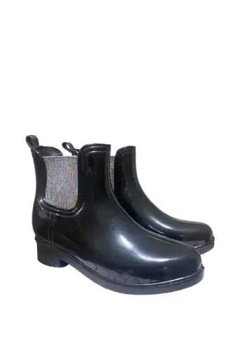 Girl's Waterproof Black Rain Boots - black silver trim - 1