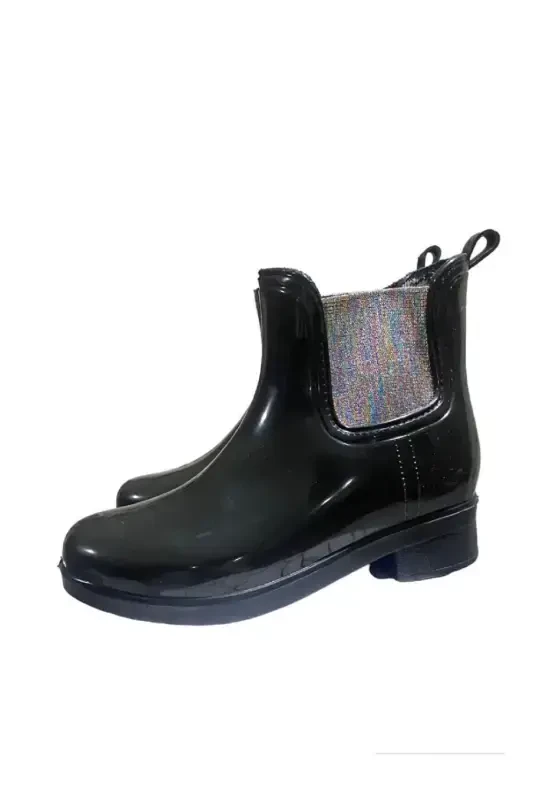 Girl's Waterproof Black Rain Boots - black silver trim - 2