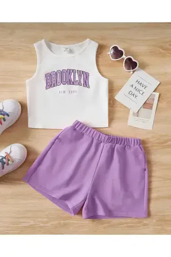 Girl's White-Lilac Brooklyn Printed Sleeveless T-shirt-Shorts Set - 1