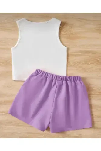 Girl's White-Lilac Brooklyn Printed Sleeveless T-shirt-Shorts Set - LOUİSA (1)