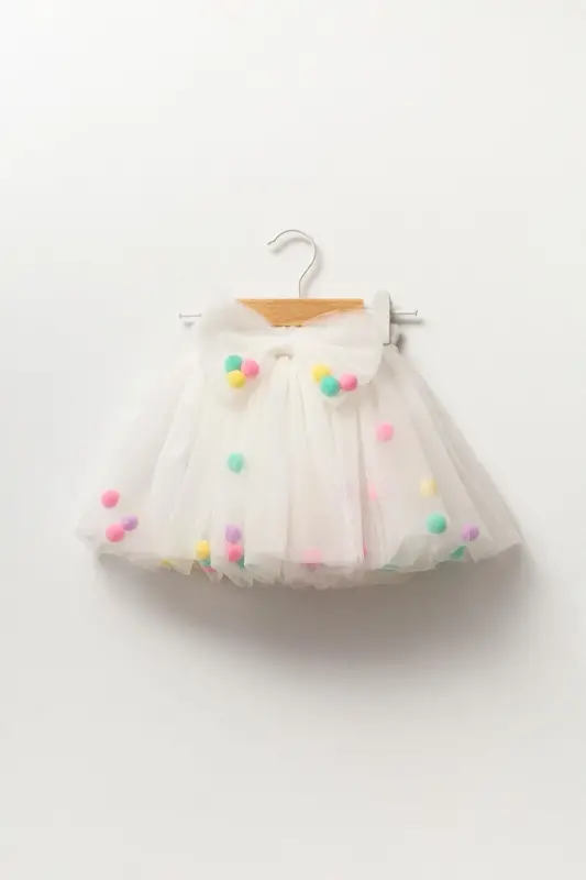 Girl's White Pom-Pom Tutu Skirt-white - 1