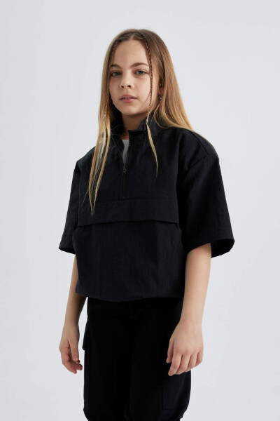 Girls' Zipper Collar Short Sleeve Blouse Black - 1